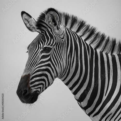 A striking zebra with bold black and white stripes on a white background. photo