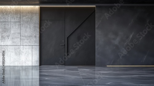A modern black door with an asymmetrical design and matte finish, placed in an entryway with polished floors, creating a sophisticated atmosphere