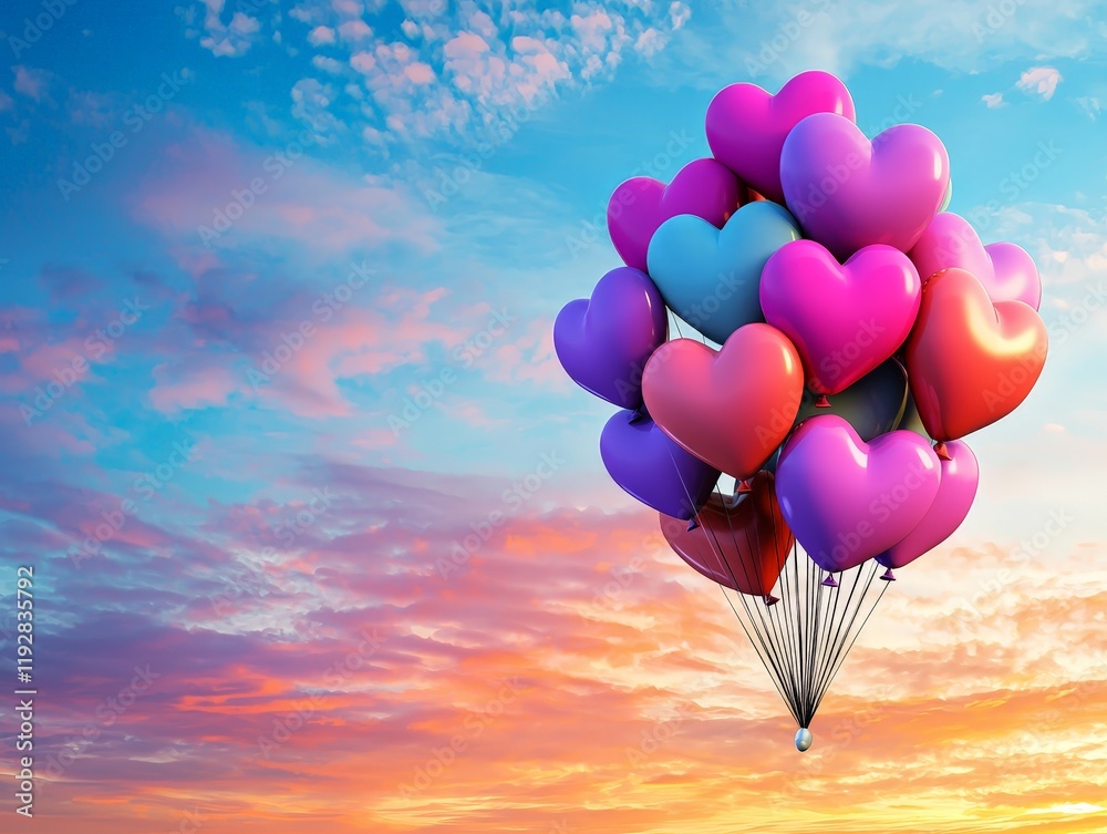 Fototapeta premium A Vibrant Collection of Heart-Shaped Balloons Floating Gracefully Against a Soft, Pastel Sky at Sunset, Evoking Feelings of Joy and Celebration