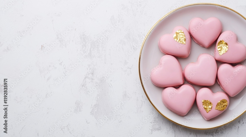 Valentine candy Pink heart-shaped cookies on a decorative plate against a light background.
