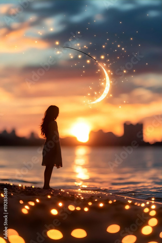 Girl silhouetted on beach at sunset, watching crescent moon and sparkling lights, cityscape background; ideal for fantasy, dream, hope, peace themes