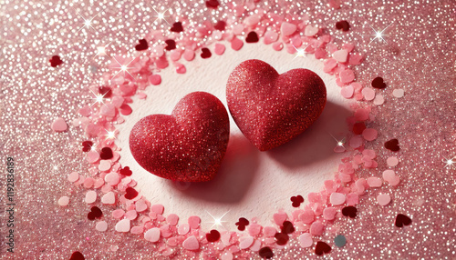 Two glittery red hearts surrounded by sparkling pink and red confetti on shimmering surface