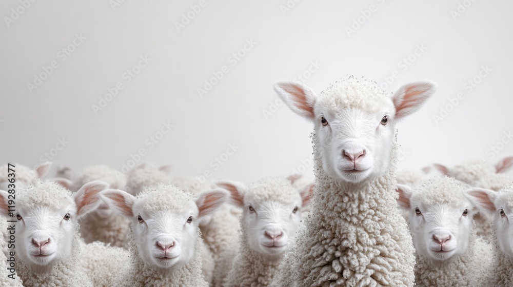Cute and Fluffy Sheep Gathering in a Bright Studio Setting with Soft White Background Evoking a Sense of Calmness and Peacefulness for Nature Lovers and Farm Enthusiasts Cute and Fluffy Sheep Gathering in a Bright Studio Setting with Soft White Background Evoking a Sense of Calmness and Peacefulness for Nature Lovers and Farm Enthusiasts