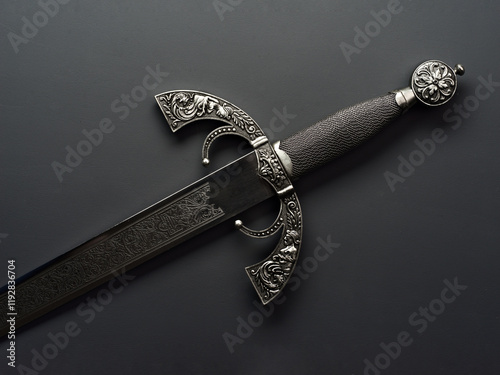 Ornate Spanish steel sword displayed on dark background