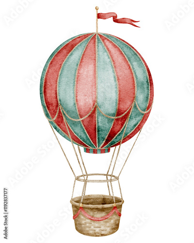 Watercolor illustration of vintage hot air Balloon in red and green with a wicker basket. Drawing of retro airship for Circus design. Art of aerostat for Carnival decoration or childish greeting cards