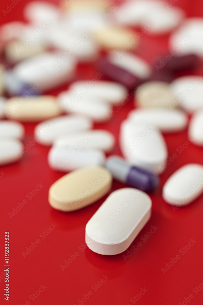 Assorted medical tablets on a vivid red background Assorted medical tablets on a vivid red background