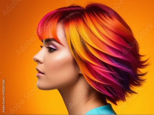 Vibrant hair transformation showcases stunning colors against a bright orange backdrop