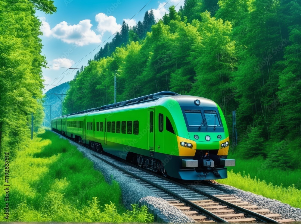 Green train travels through lush forest landscape under clear blue sky Green train travels through lush forest landscape under clear blue sky