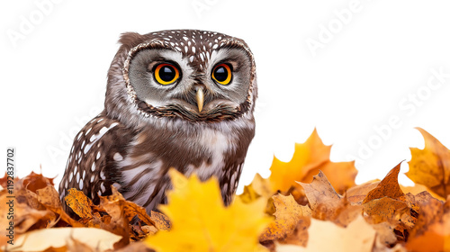  Boreal owl in autumn leaves isolated on a transparent or white background  photo