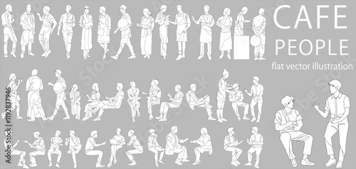 Flat vector illustration collection of waiters and customers working in cafe