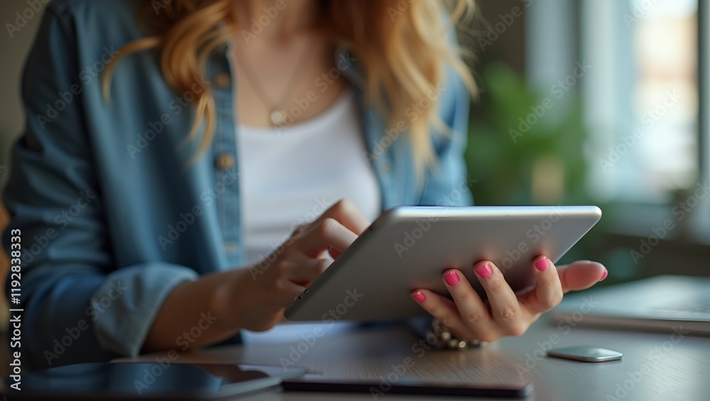 creative woman using a tablet hands focused communication, research or reading news for publishing startup office business project creative woman using a tablet hands focused communication, research or reading news for publishing startup office business project