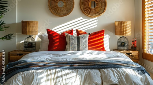 a contemporary bedroom featuring a comfortable double bed, stylish wicker lamps, and vibrant red pillows