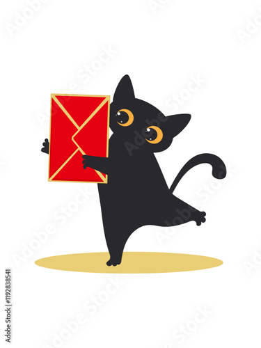 Black cute cat carries red envelope isolated on white background for International Post Day cards. Vector.