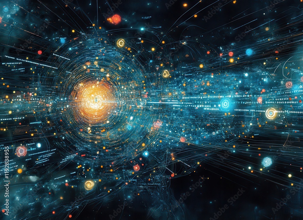 Fototapeta premium A Stunning Digital Visualization of Cosmic Energy Flowing Through an Interconnected Universe, Showcasing Vibrant Colors, Stars, and Dynamic Movement of Celestial Elements