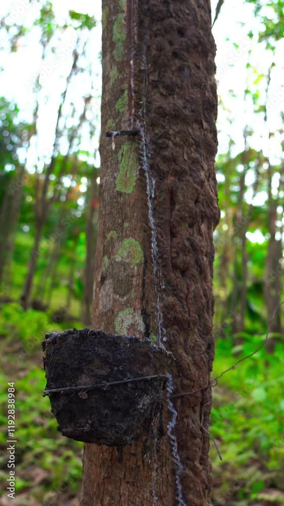 Harvesting natural rubber from trees in a lush forest setting. Vertical Harvesting natural rubber from trees in a lush forest setting. Vertical
