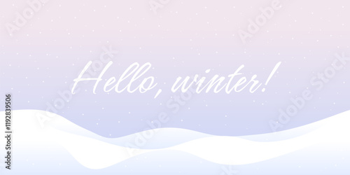 Winter background with the inscription: Hello winter! Winter  Christmas landscape with snow and snowflakes. Vector flat illustration.