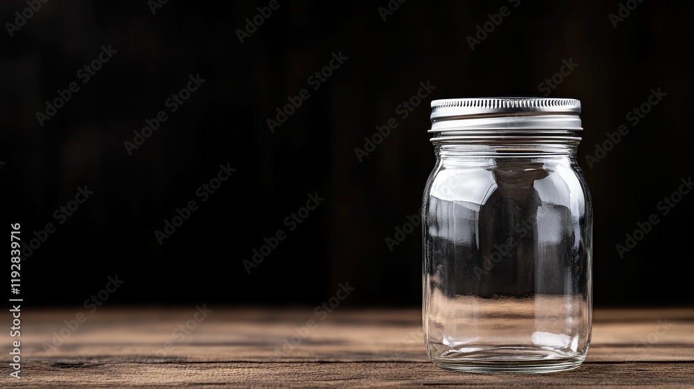 Empty glass jar with metal lid on wooden surface Empty glass jar with metal lid on wooden surface