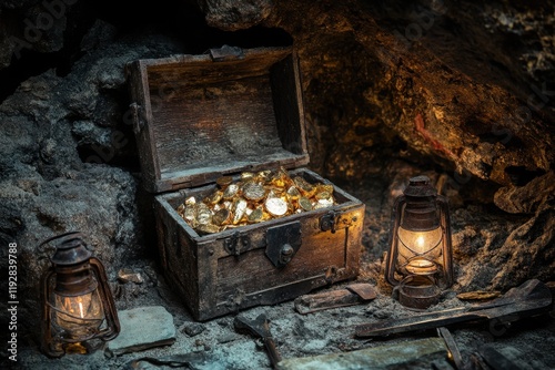 Treasure chest discovered in abandoned mine captivating content of historical significance mysterious atmosphere intriguing perspective unveiling a hidden treasure photo