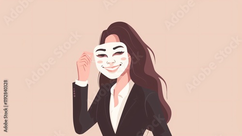 Businesswoman Wearing Fake Smile Mask, Metaphor for Concealment