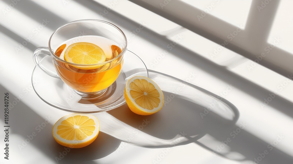 Glass Teacup Lemon Slices Sunny Shadows Delightful Beverage