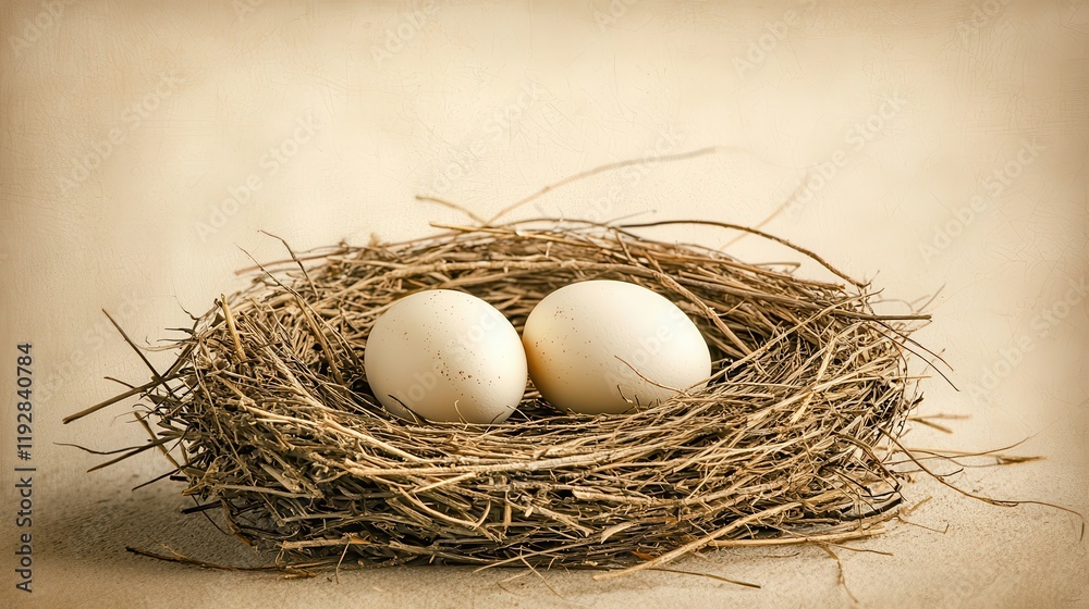 Serene Bird Nest with Two Soft Eggs Surrounded by Natural Earthy Tones and Textured Straw Serene Bird Nest with Two Soft Eggs Surrounded by Natural Earthy Tones and Textured Straw