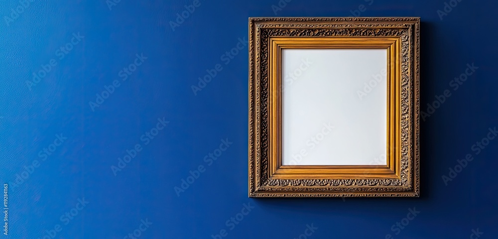An antique art fair gallery frame on a royal blue wall, with a white copy space for design or artwork. An antique art fair gallery frame on a royal blue wall, with a white copy space for design or artwork.
