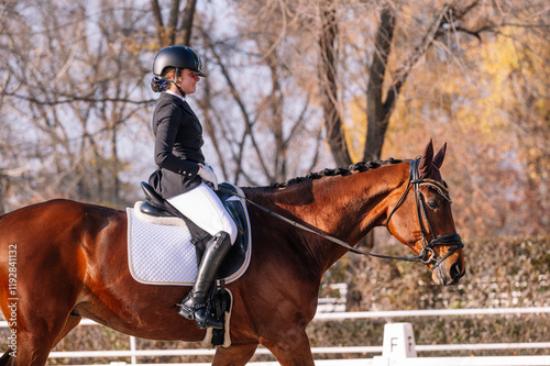 Teenage girl practicing classical dressage on a brown horse