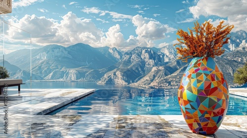 A colorful mosaic vase with a vibrant geometric pattern sits on a sunny patio, with a stunning pool and a beautiful mountain range in the background