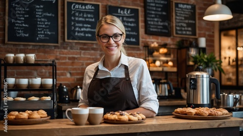 Portrait of a Busy Woman with Glasses in a Cozy Coffee Shop Atmosphere, Surrounded by Coffee and Pastries photo