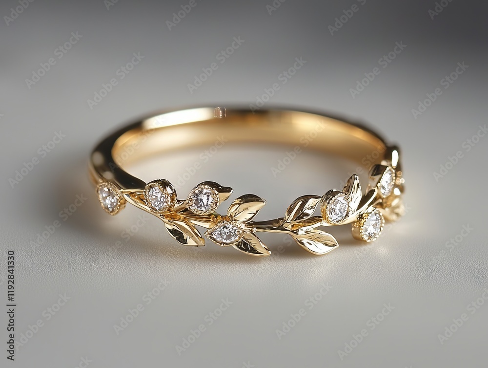 A gold ring with leaves and diamonds on it A gold ring with leaves and diamonds on it