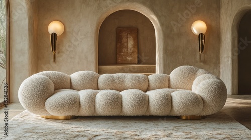 Plush cloud-like sofa in beige boucl? fabric, sits on a neutral rug in a modern minimalist living room with arched entryways and subtle lighting. photo