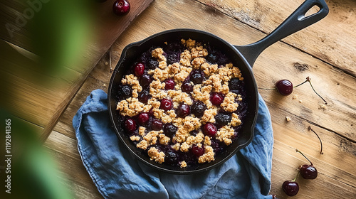 vegan cherry crumble in a skillet photo