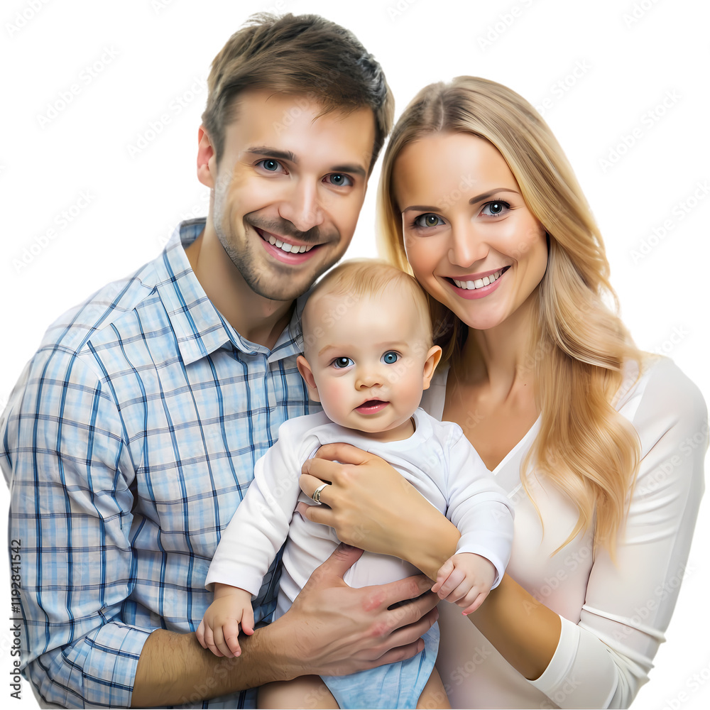 Happy couple with baby isolated on transparent background Happy couple with baby isolated on transparent background