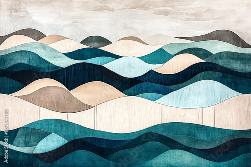 
A clean Scandinavian depiction of geometric waves and a serene coastline, in muted colors of taupe, teal, and beige