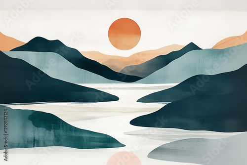 
A minimalist Scandinavian landscape with abstract mountains, a flowing river, and a sunrise, using taupe, teal, and sage gray tones