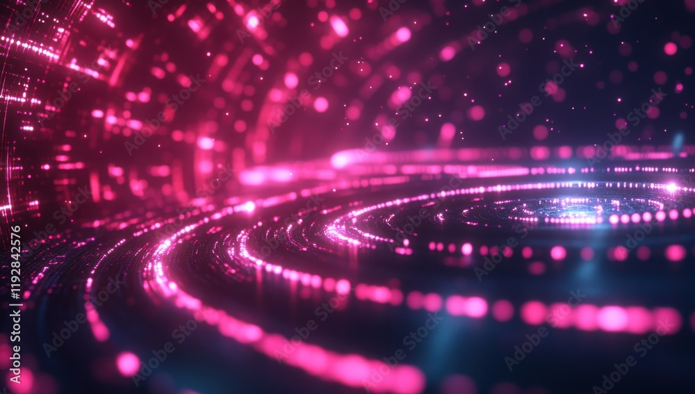 Naklejka premium Abstract digital illustration of vibrant glowing pink lights swirling in a cosmic tunnel, creating a mesmerizing visual effect with depth and energy in a futuristic environment