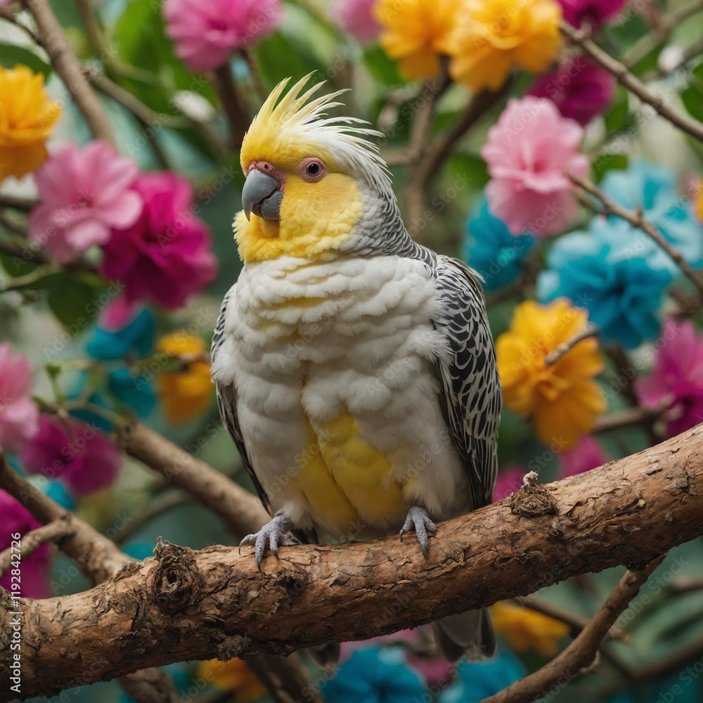 Fototapeta premium A cockatiel in a cozy nest on a tree branch in a colorful aviary setting.