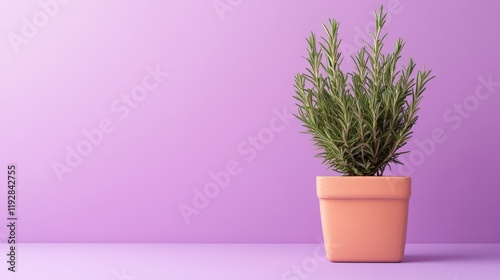 Rosemary plant in a peach colored pot on purple background
