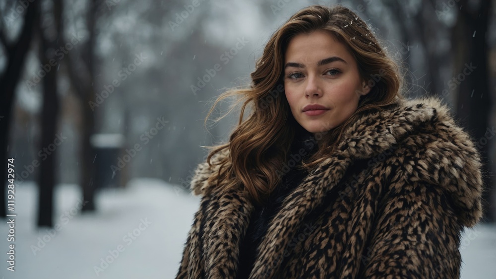 A photograph-like image of a young, modern woman, likely in his 20s or 30s, wearing a luxurious, long, and thick furry winter coat with a regal atmosphere A photograph-like image of a young, modern woman, likely in his 20s or 30s, wearing a luxurious, long, and thick furry winter coat with a regal atmosphere