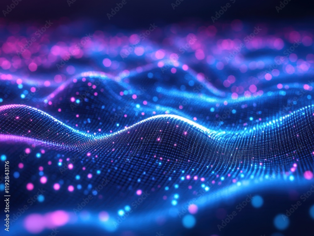 Abstract digital landscape with luminous dots and flowing waves in shades of blue and pink, creating a mesmerizing visual effect for technology and design concepts Abstract digital landscape with luminous dots and flowing waves in shades of blue and pink, creating a mesmerizing visual effect for technology and design concepts