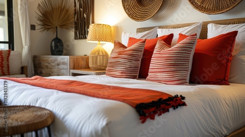 a contemporary bedroom featuring a comfortable double bed, stylish wicker lamps, and vibrant red pillows