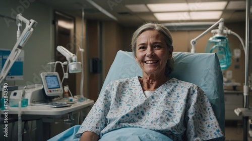 A portrait of cheerful patient wearing a hospital gown recovers in a well-lit hospital room filled with medical equipment photo