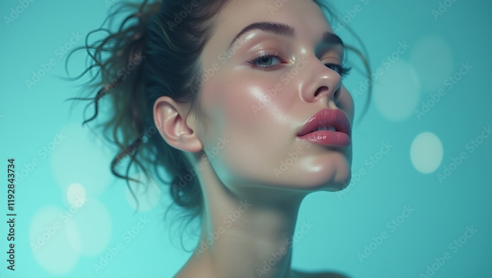 conceptual minimalist pop art close-up French supermodel's face relaxed looking expression shimmering soft pink lips baby blue conceptual minimalist pop art close-up French supermodel's face relaxed looking expression shimmering soft pink lips baby blue