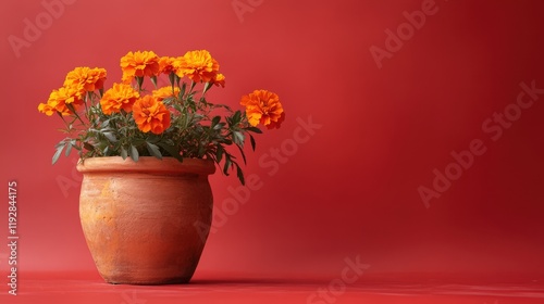 Wallpaper Mural Orange marigolds bloom in a terracotta pot against a red background Torontodigital.ca