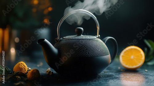 A stylish black teapot emits steam against a dark background, with slices of lemon and colorful herbs, embodying a sense of elegance and the art of brewing herbal tea. photo