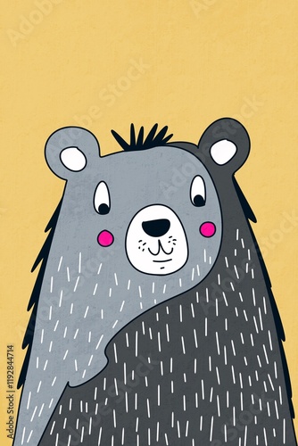 Cheerful cartoon bear with blush cheeks on yellow background photo