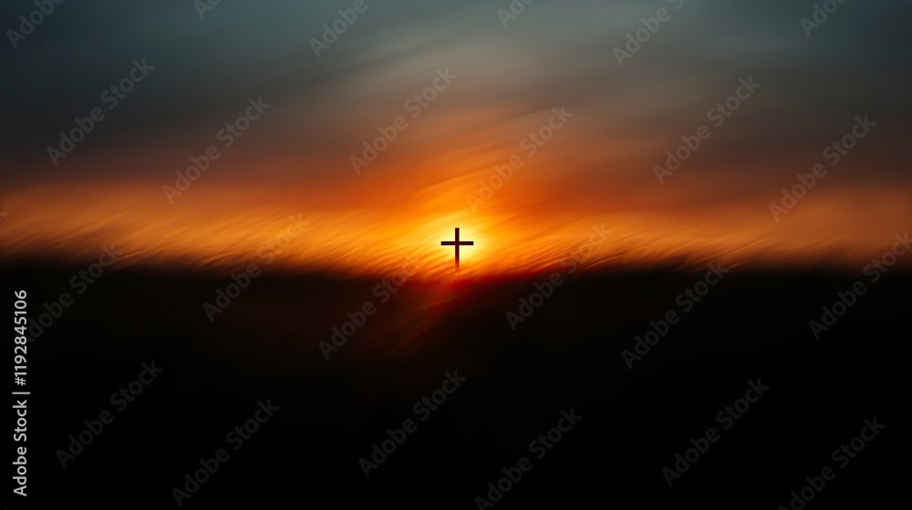 Obraz premium cross on blurry sunset, copy-space