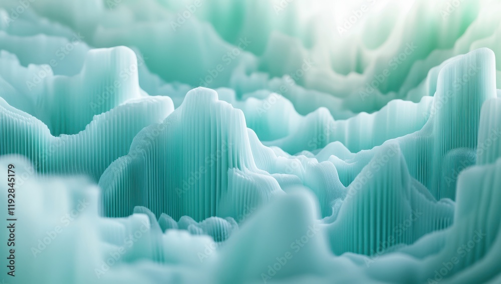 Obraz premium Abstract Green and Aqua Landscape with Layered Peaks and Troughs, Capturing Depth and Texture in a Serene Environment of Soft Color Gradients and Fluid Shapes