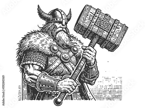 Viking warrior in horned helmet and armor, holding a massive ornate hammer with a strong stance sketch engraving generative ai vector illustration. Scratch board imitation. Black and white image.