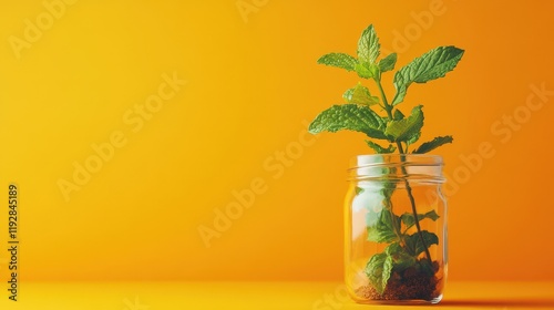 Fresh Mint Plant Growing in a Glass Jar